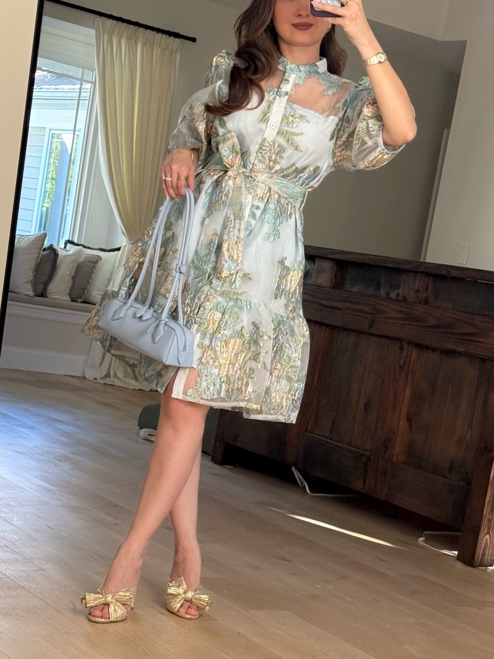 FLORAL JACQUARD PUFF SLEEVES ORGANZA BUTTONED BELTED DOLLY DRESS IN BABY BLUE